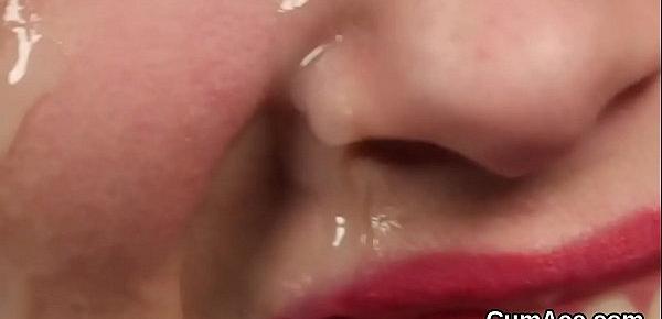  Spicy hottie gets sperm shot on her face swallowing all the jism